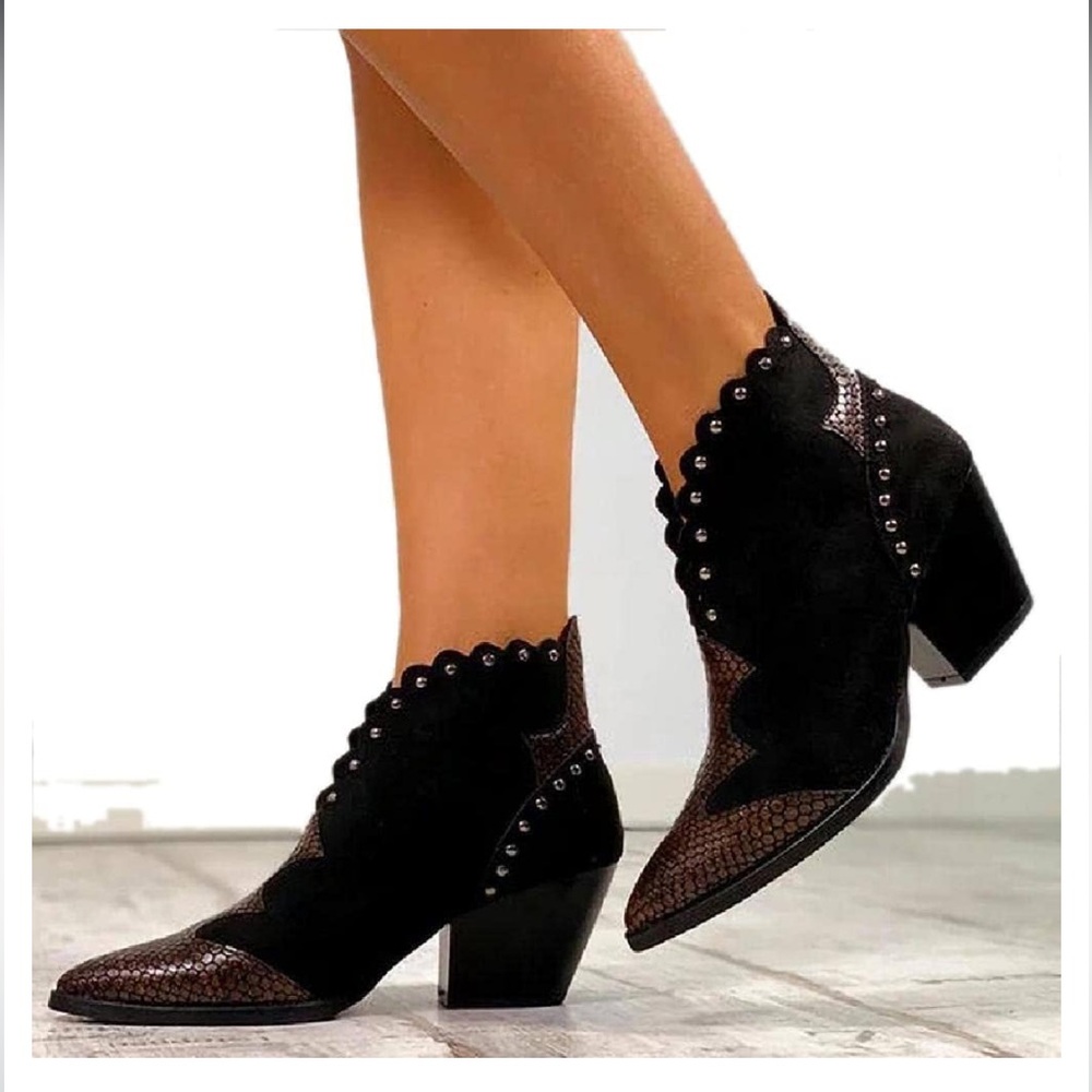 Suede Ankle Boots Women Pointed Toe Nude Boots Thick Heel Sequins Short Boot 41